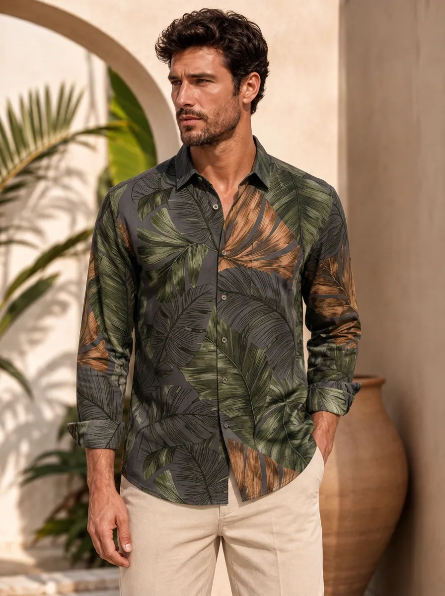 Men's Tropical Vacation Style Green Palm Leaf Printed Long Sleeve Shirt