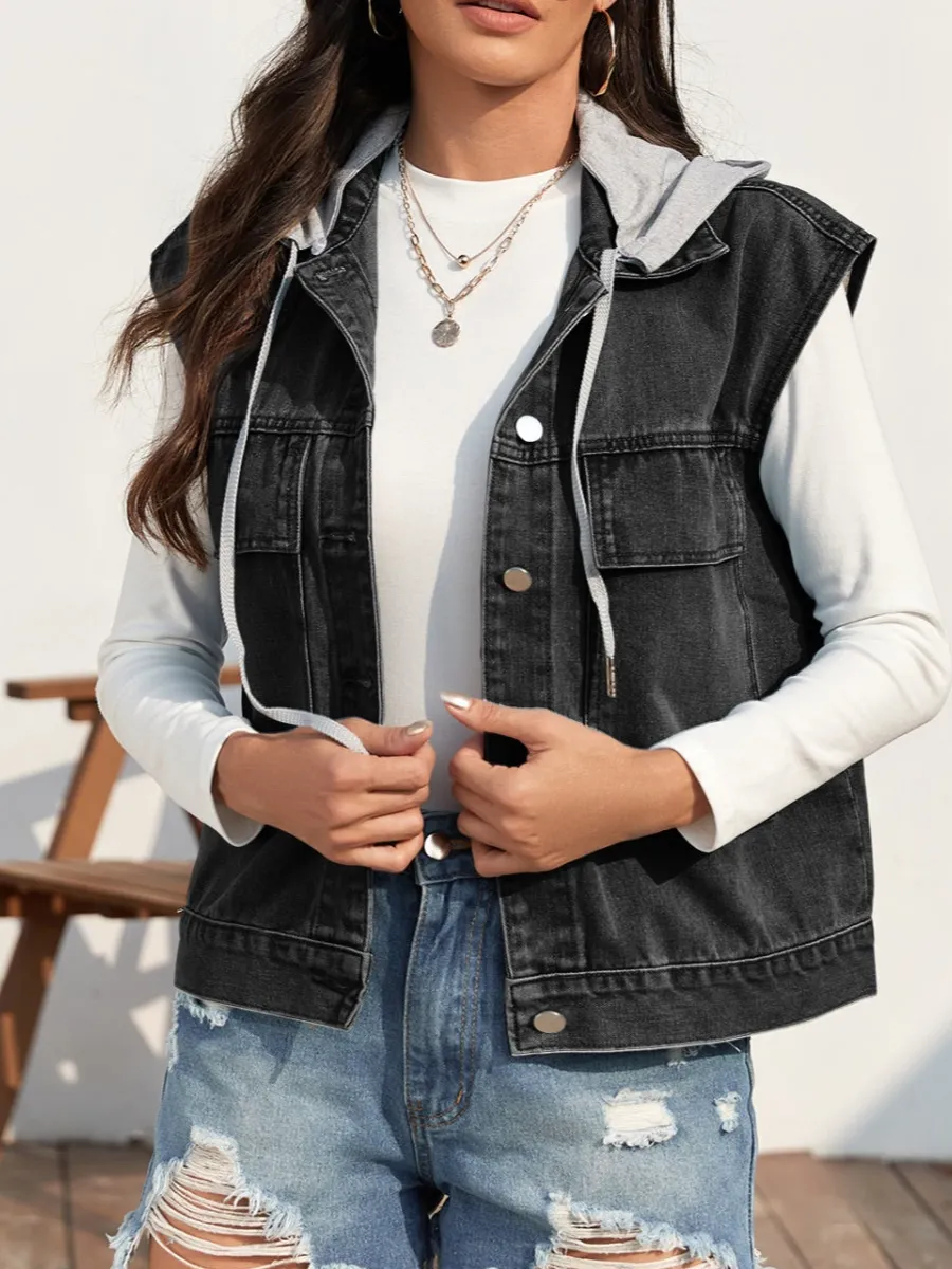Drawstring Button-up Sleeveless Denim Jacket