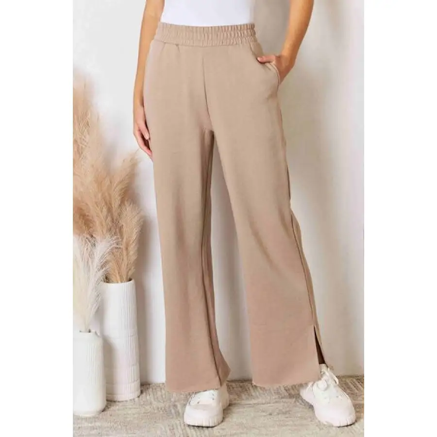 Risen Wide Waistband Slit Wide Leg Pants