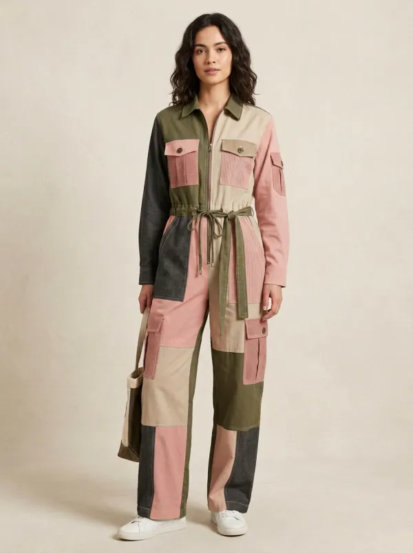Women's Utility Patchwork Colorblock Graphic Jumpsuit