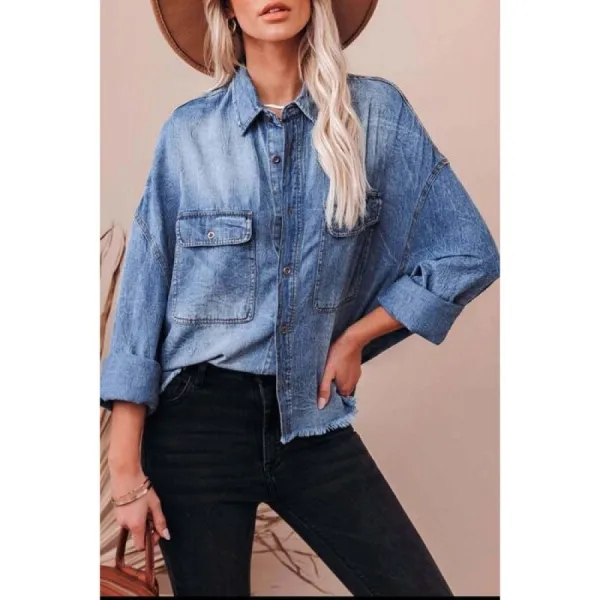 Collared Raw-Hem Long-Sleeve Denim Shirt