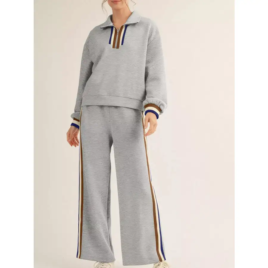 Casual Striped Trim Top and Pants Set