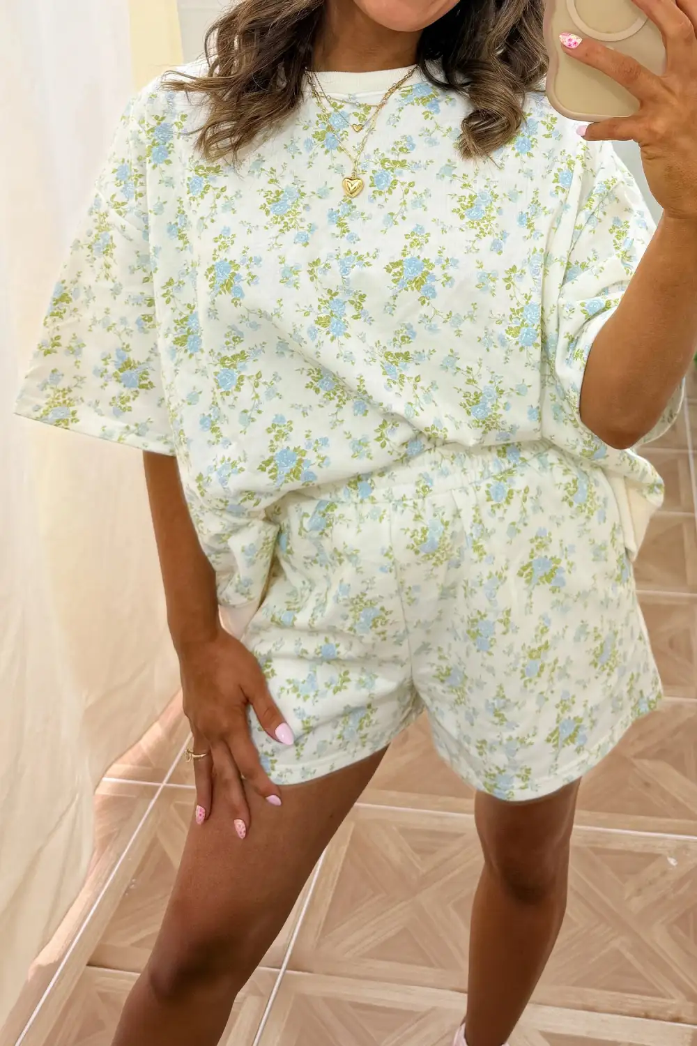 Women's Floral Print Short Sleeve Elastic Waist Pocket Two Piece Set
