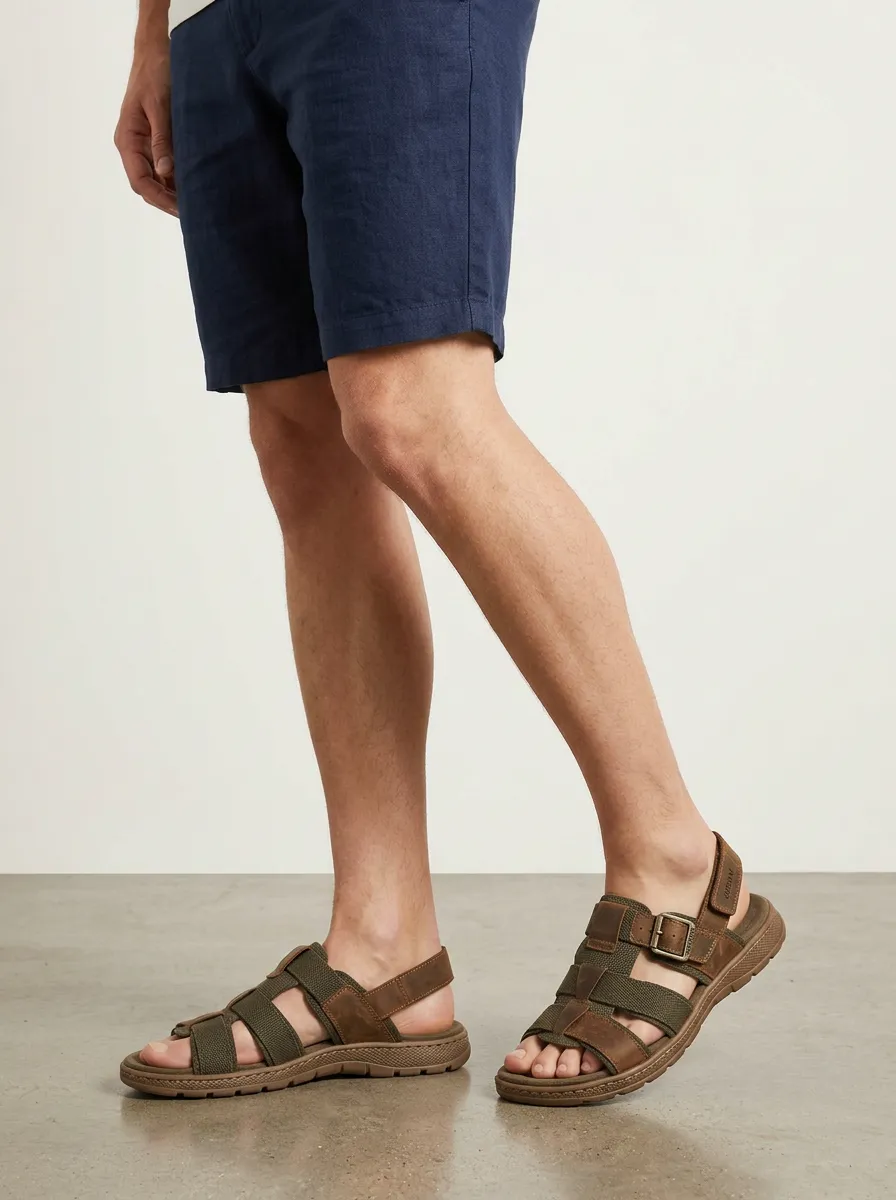 Men's Outdoor Casual Brown Leather Webbing Buckle Sandals
