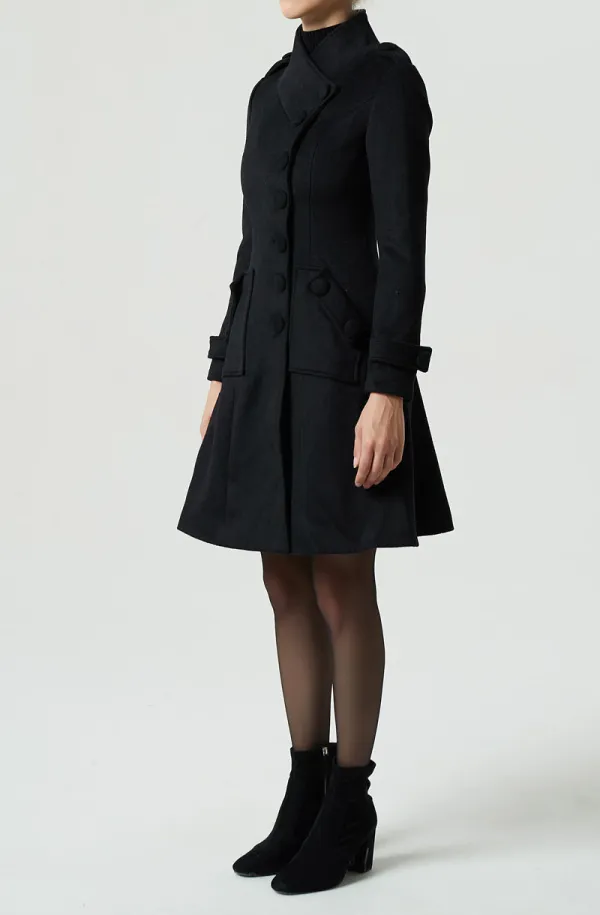 Wool Blend Tailored Single Breasted Stand Collar Pocketed Coat