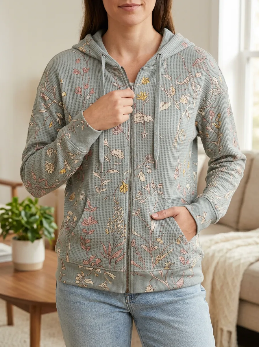 Women's Floral Botanical Signature Detail Waffle Zip-Up Hoodie