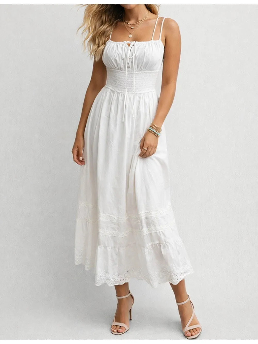 Square Neck Front Smocked Waist Midi Dress