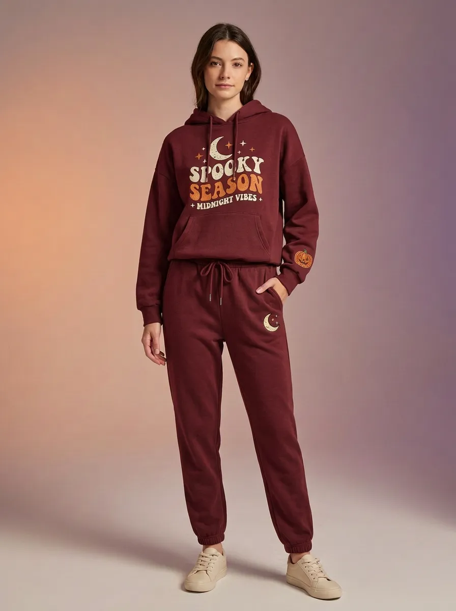 Women's Halloween Spooky Season Moon Pumpkin Printed Tracksuit