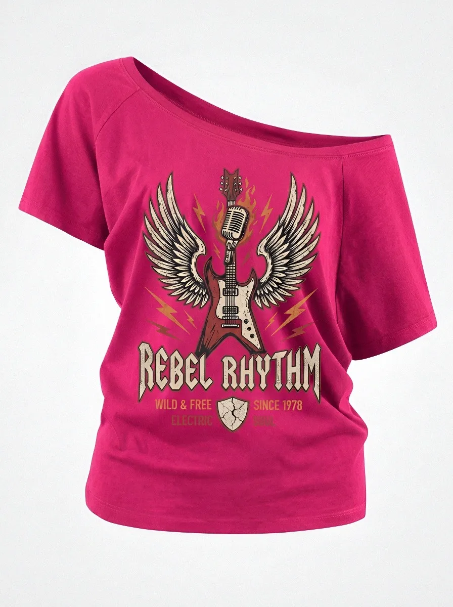 Women's Rock Music Lover Winged Guitar Microphone Printed T-shirt