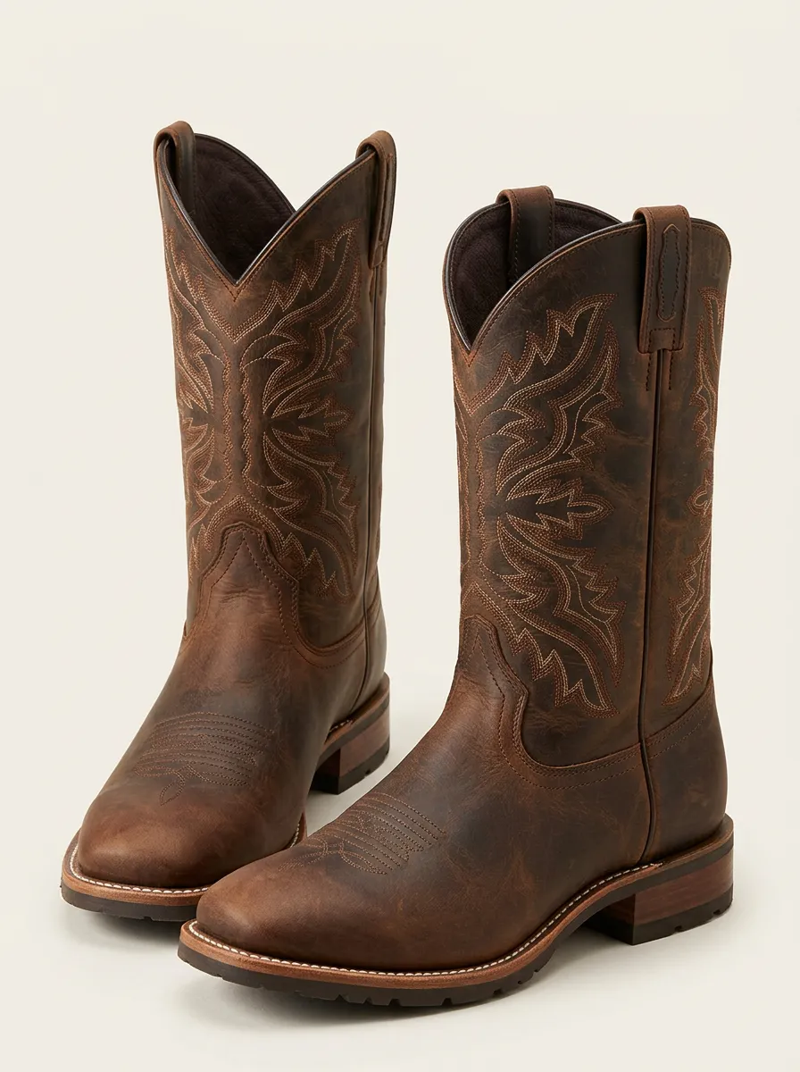 Men's Ranch Western Embroidered Brown Leather Printed Boots