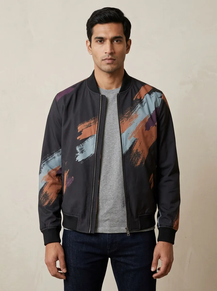 Men's Abstract Brushstroke Pattern Printed Bomber Jacket