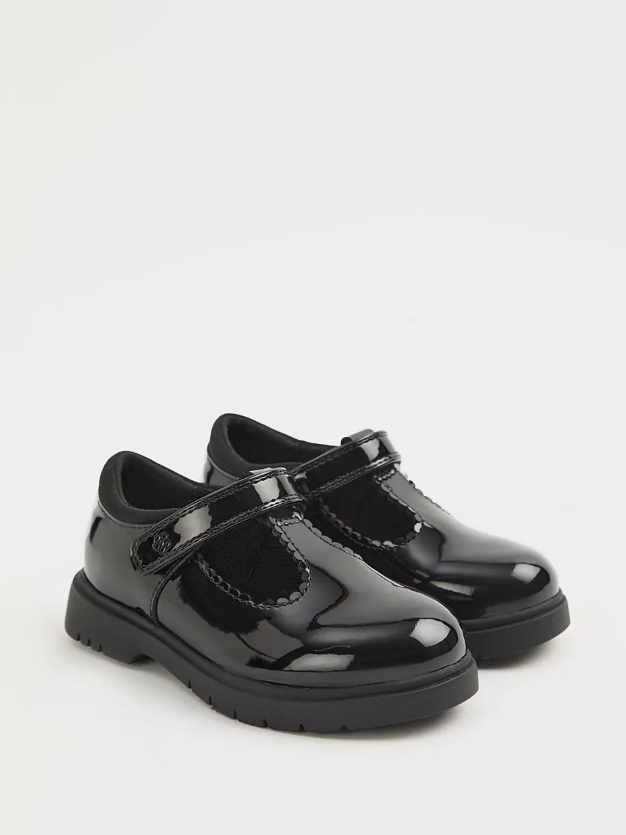 Black Patent Scallop T-Bar School Shoes