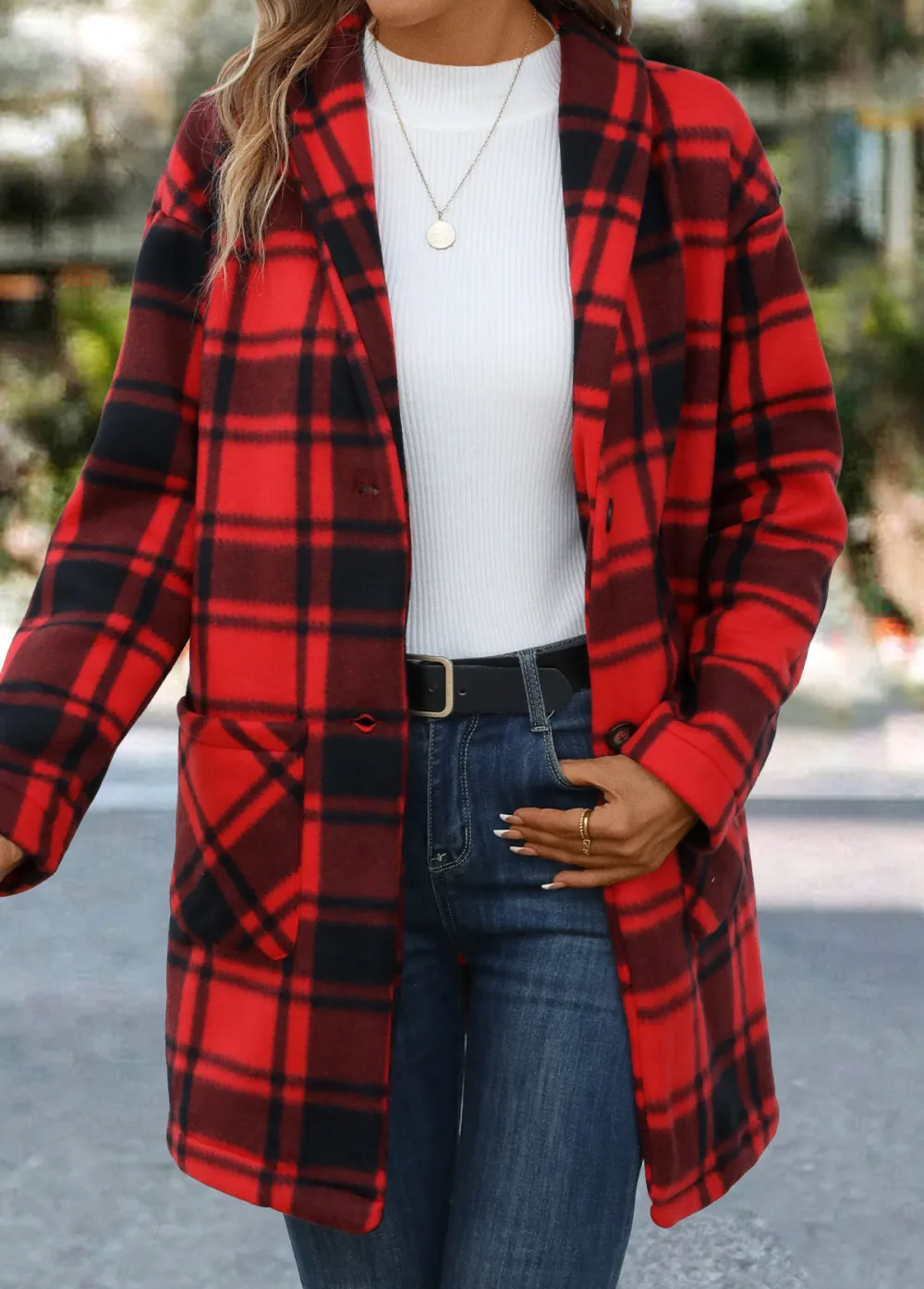 Red Pocket Plaid Long Sleeve Turn Down Collar Coat