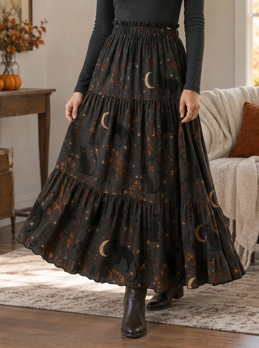 Women's Halloween Black Cat Moon Floral Printed Tiered Maxi Skirt