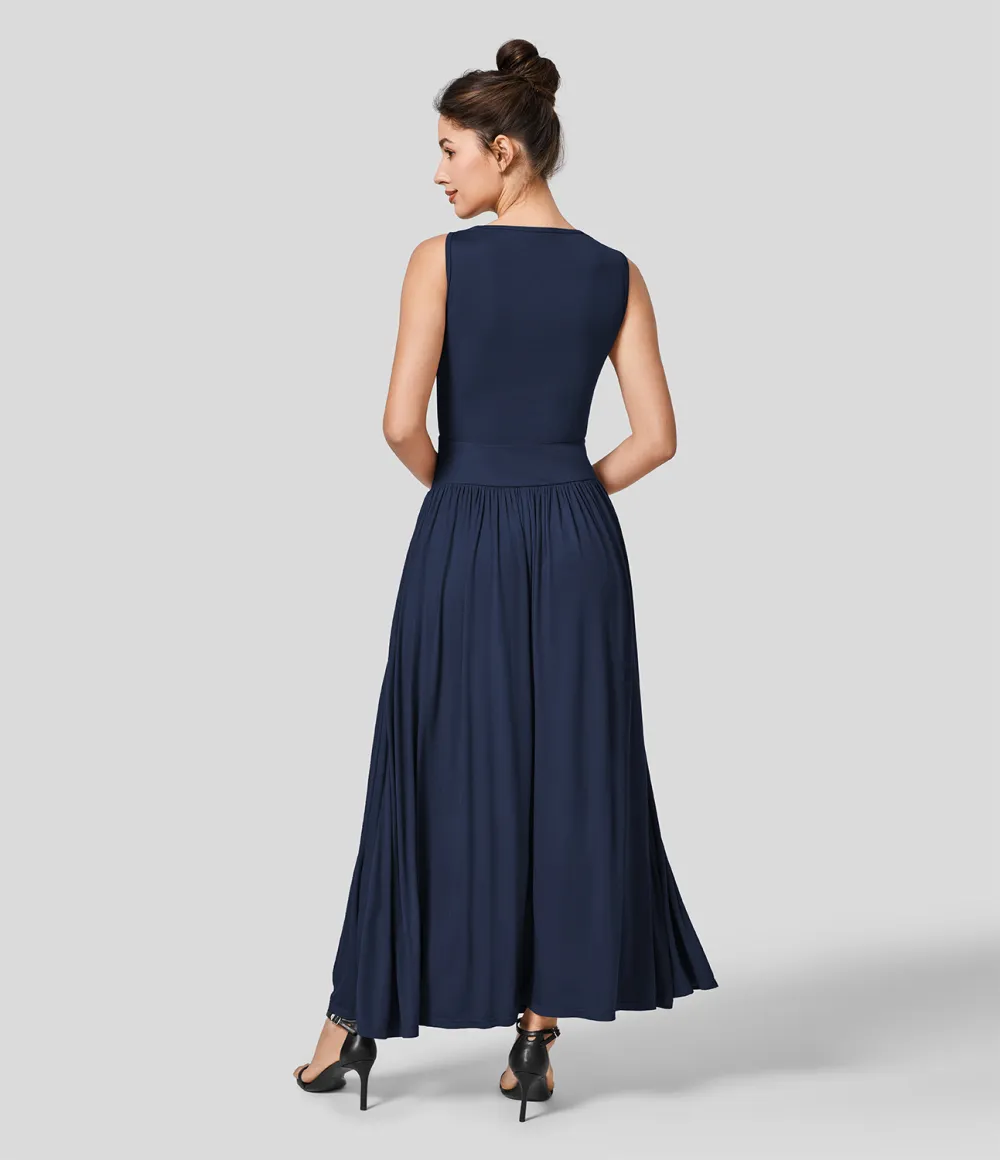 Ribbed Boat Neck Ruched Side Pocket Flowy Maxi Casual Dress