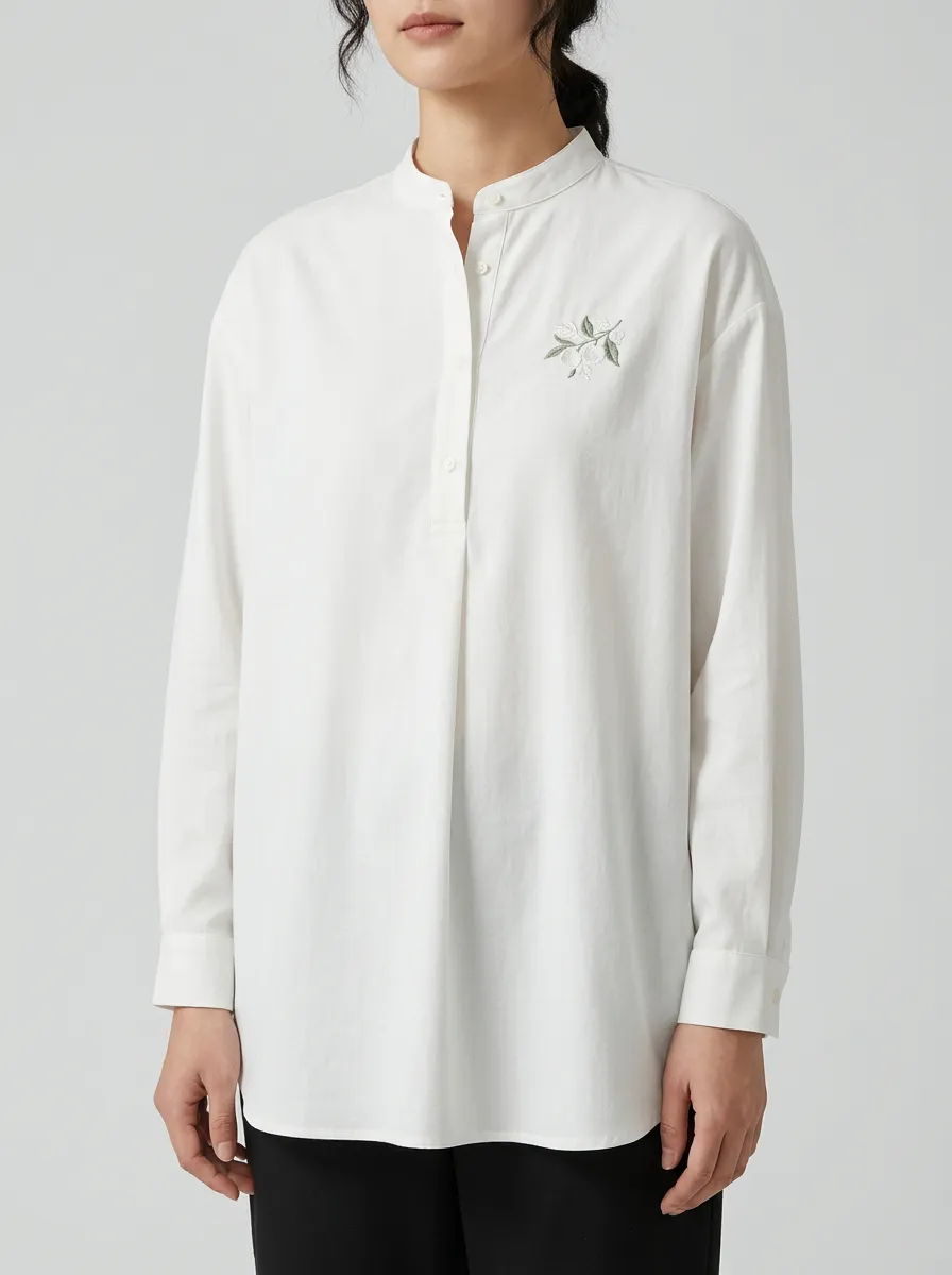 Women's Floral Embroidered Mandarin-Collar Button-Front Shirt