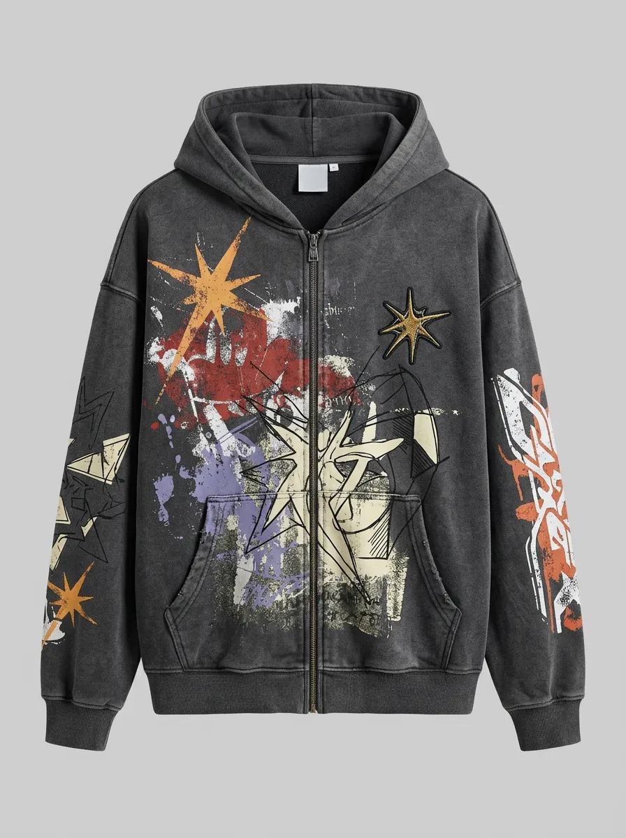 Unisex Streetwear Grunge Star Graffiti Printed Zip-up Hoodie