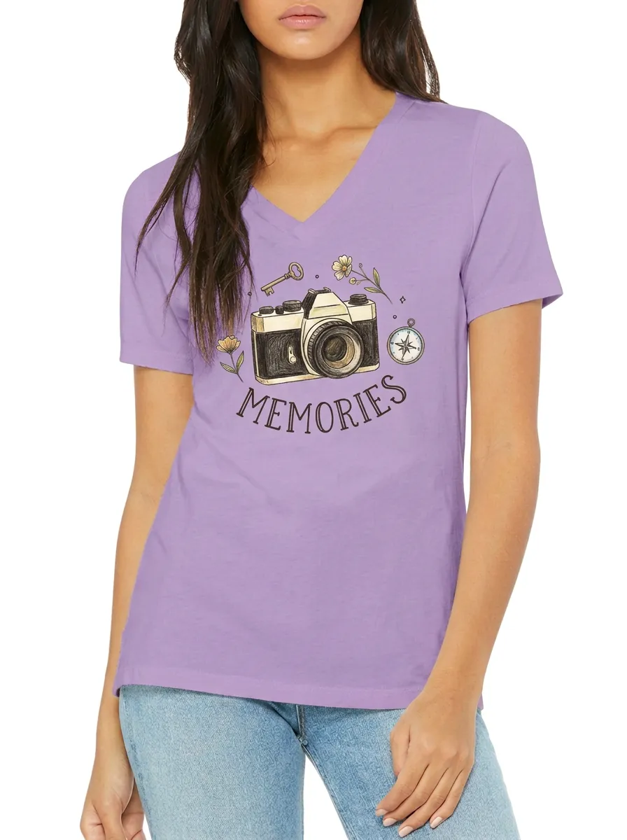 Women's Photography Lover Memories Camera Floral Printed V-neck T-shirt