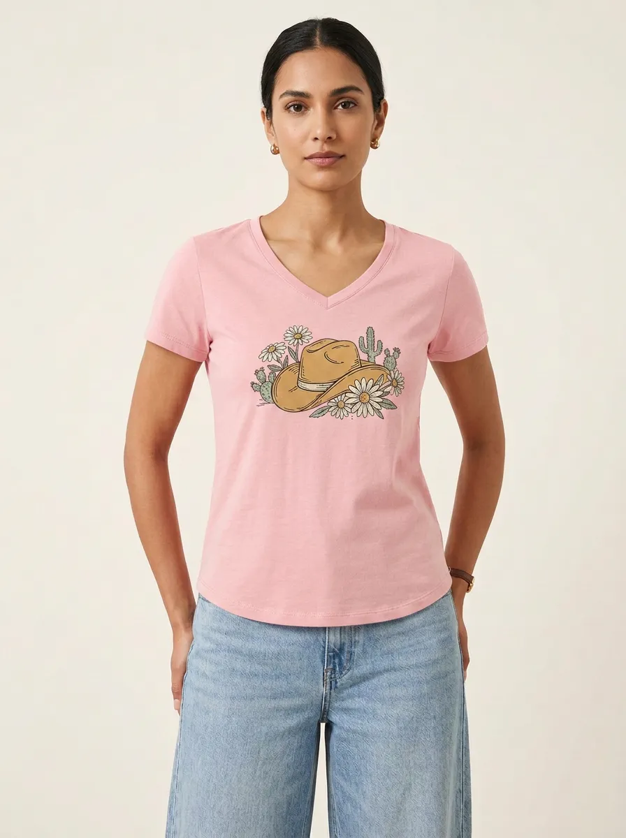 Women's Cowboy Hat Daisy & Cactus Graphic V-Neck T-Shirt