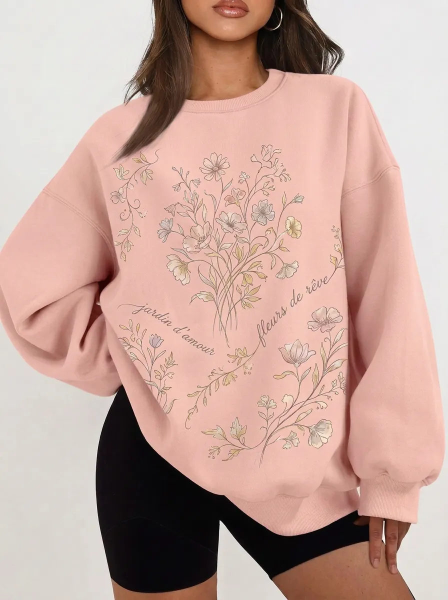 Women's Botanical French Quote Floral Printed Sweatshirt