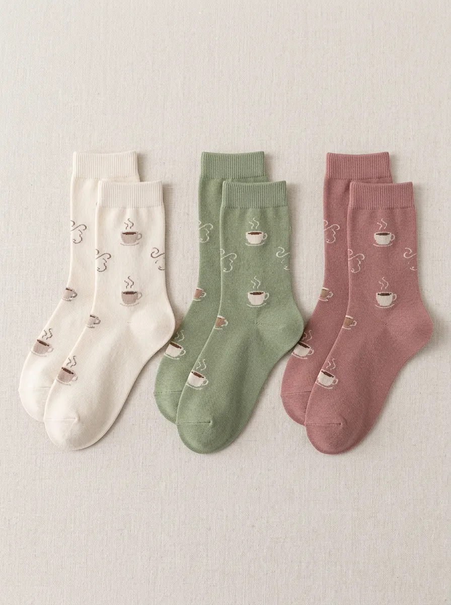 Women's Coffee Cup Graphic Ribbed Crew Sock Set