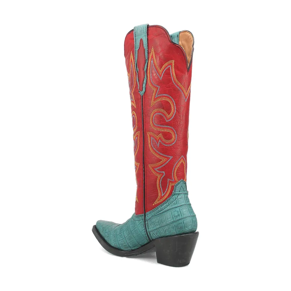Faux-Leather Crocodile-Embossed Embroidered Snip-Toe Mid-Calf Boots