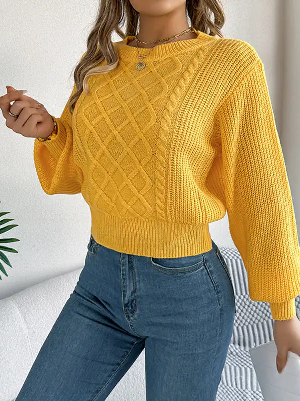Cable Knit Round Neck Long Sleeve Knit Top