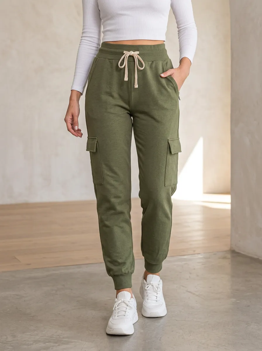Women's High-Waisted Olive Green Cargo Joggers