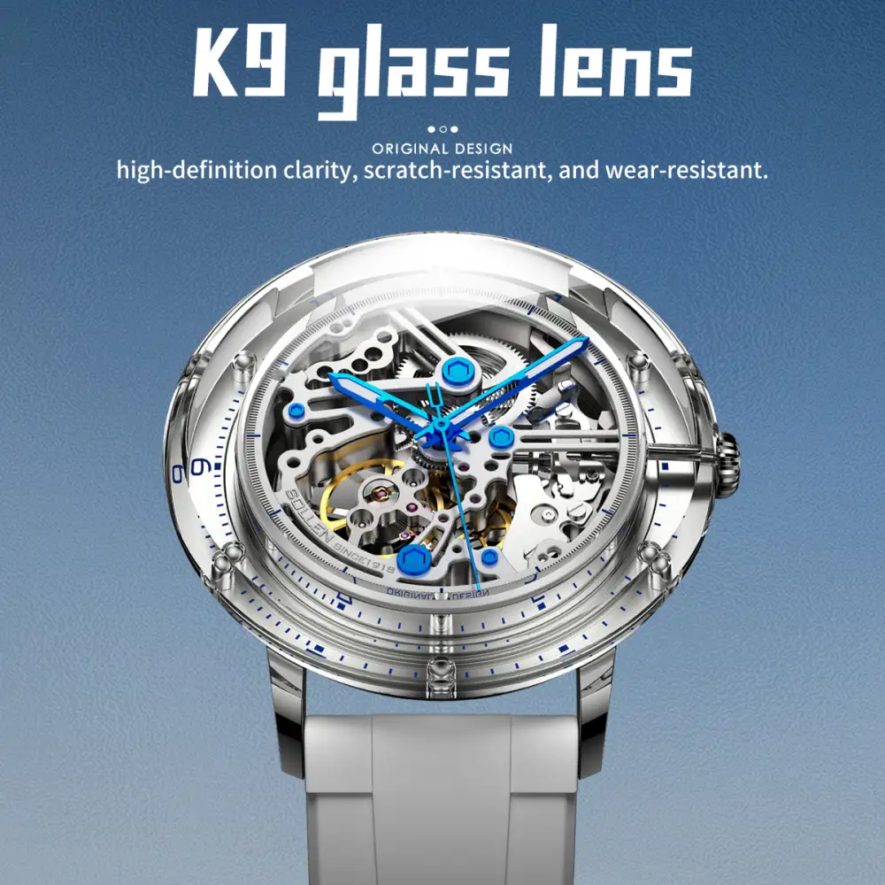 Sollen SL320 Men's Full Skeleton Automatic Mechanical Watch - 42mm K9 Glass Case Sandblasted Open Dial Fluororubber Strap Wristwatch
