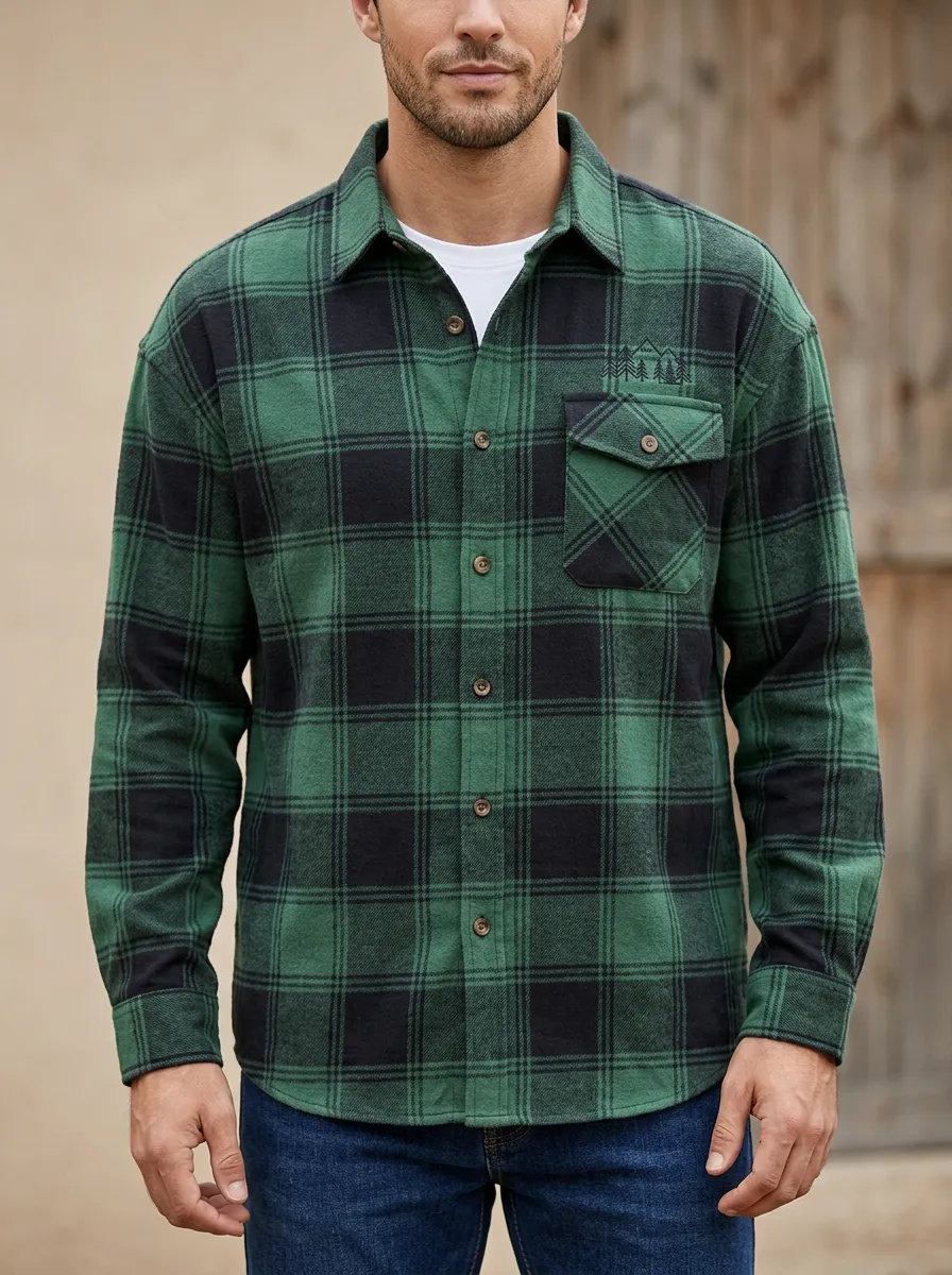 Mountain Pine Tree Plaid Single Pocket Shirt