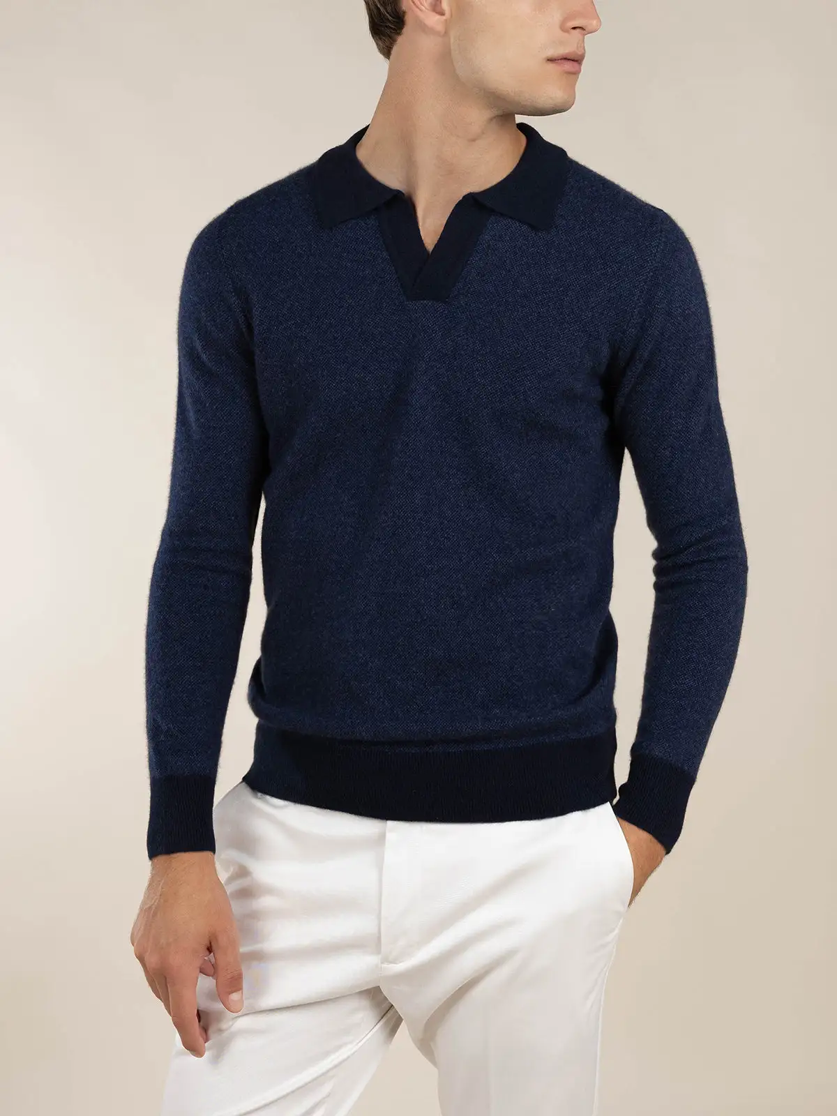 Polo Shirt With Pure Cashmere Buttonless Jacquard Knit Knit Construction
