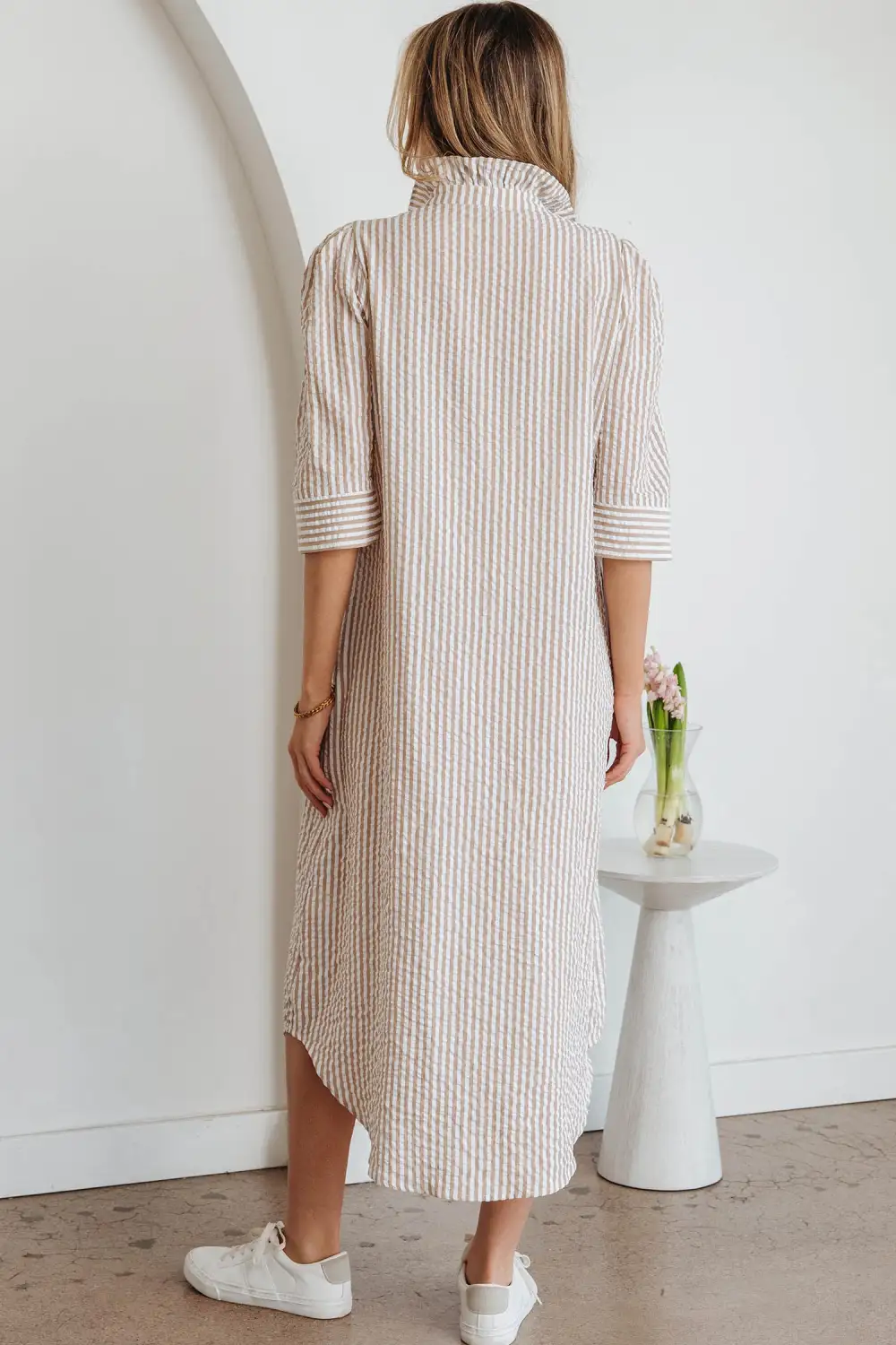 Frilled Collar Half Sleeve Shirt Maxi Dress