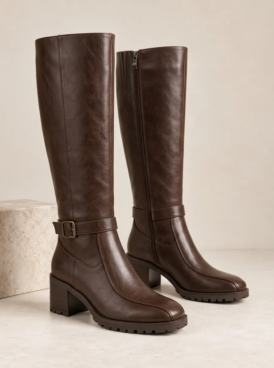 Women's Utility Buckle Strap Faux Leather Knee High Boots