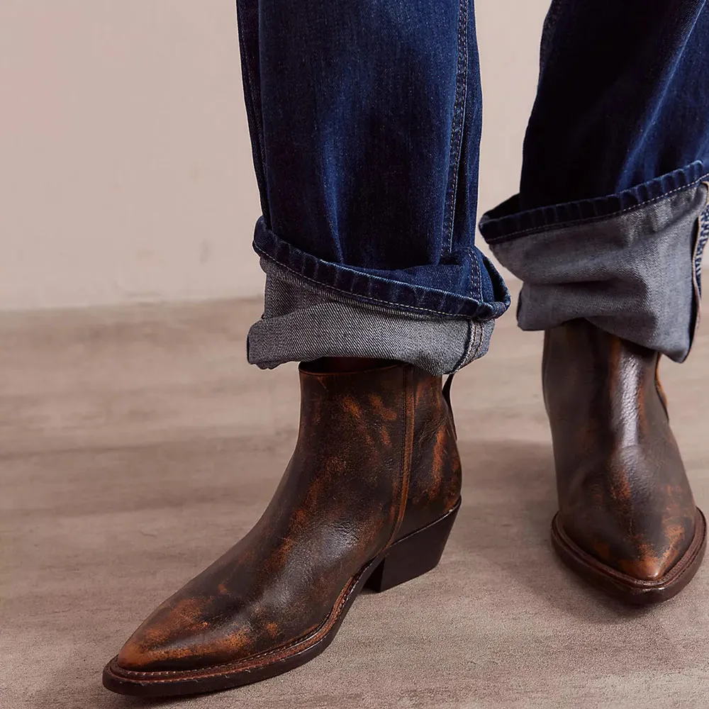Faux-Leather Studded Zip-Up Pointed-Toe Western Boots
