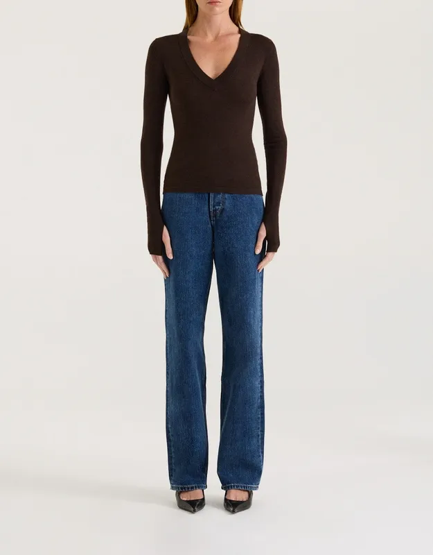 Espresso V-Neck Thumbhole Knit Top