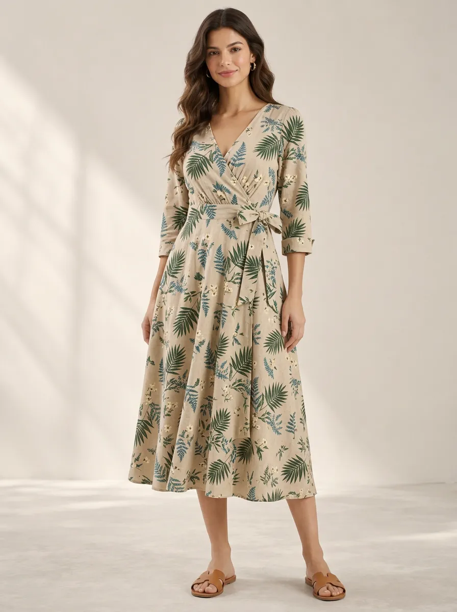 Women's Softly Styled Botanical Fern Wrap Printed Dress