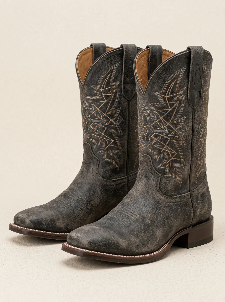 Men's Leather Cowboy Boots with Distressed Finish and Red