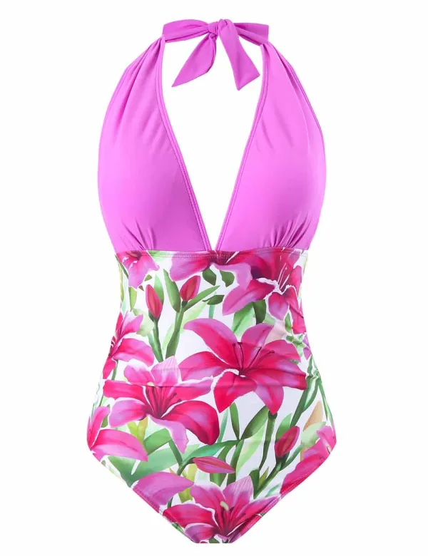 String Tie Floral Print One Piece Swimwear with Sarong