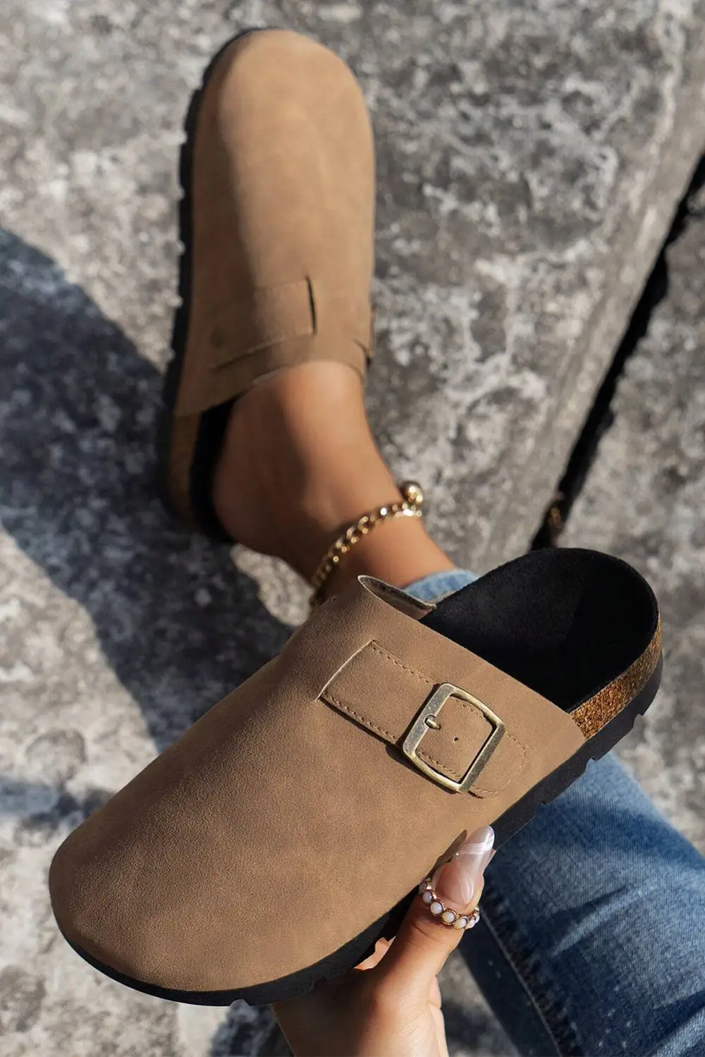 Light French Suede Buckle Detail Slide Slippers