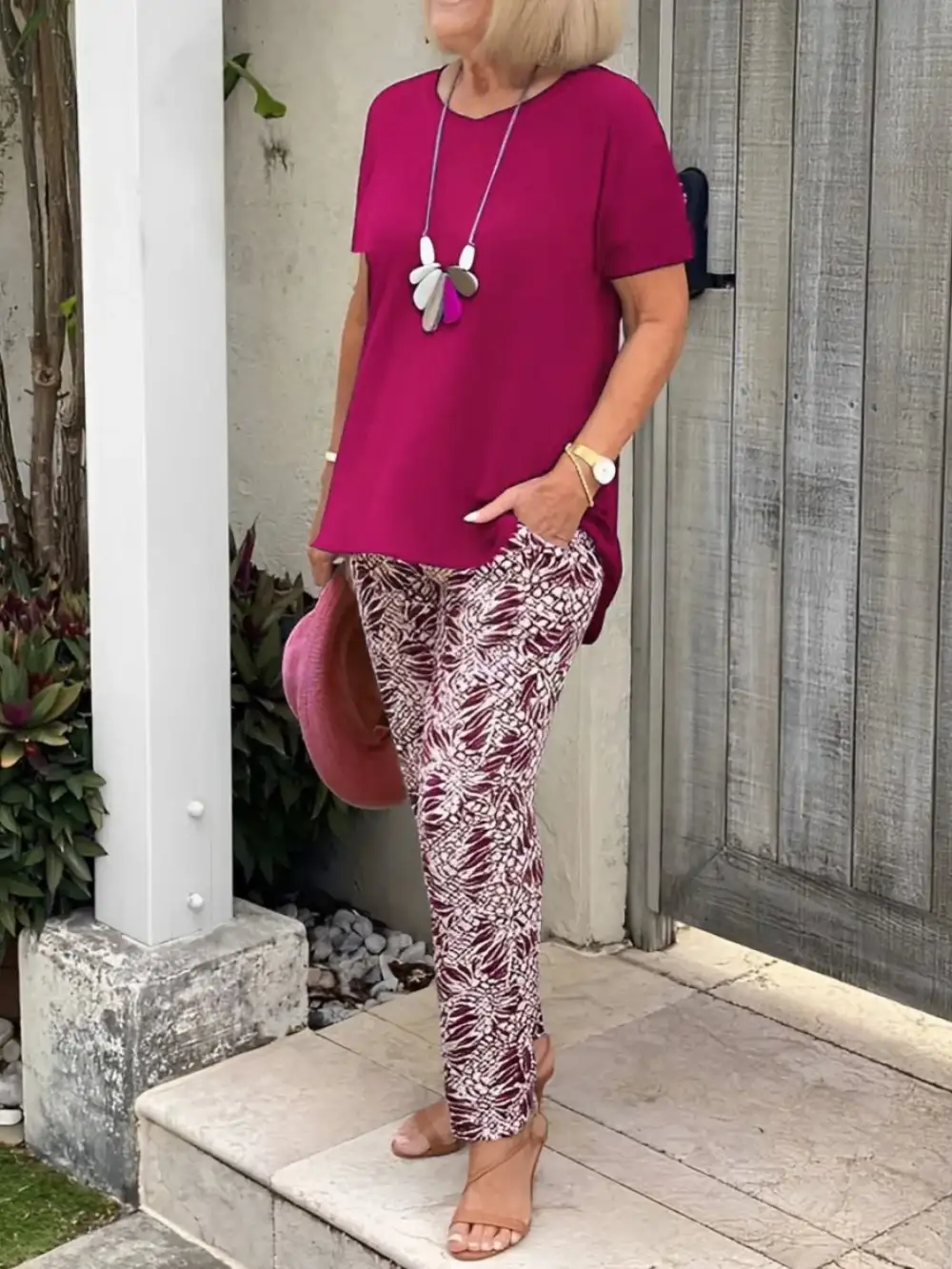Full Size Round Neck Short Sleeve Top and Pants Set Plus Size Available