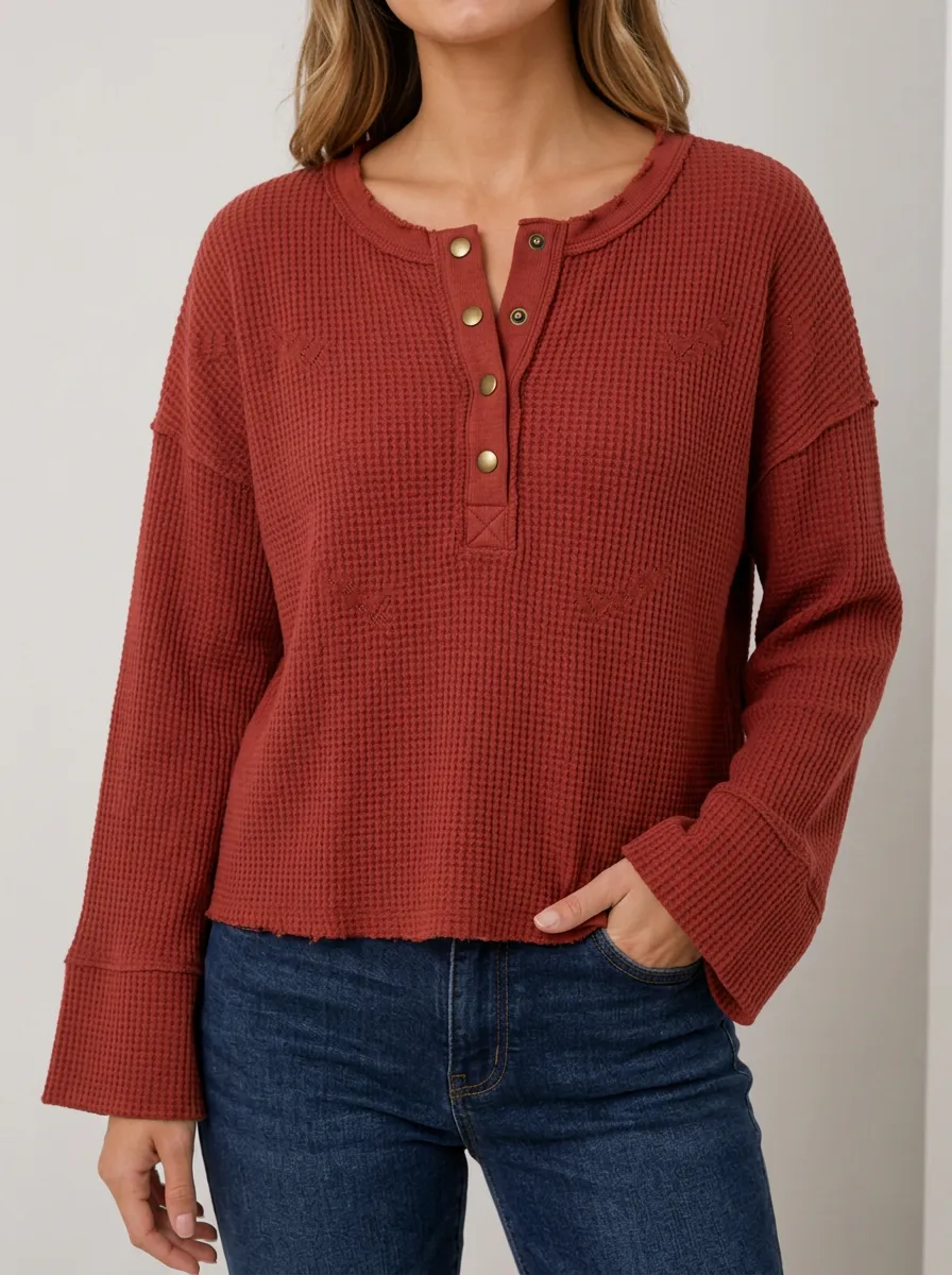 Women's Rust Waffle Knit Button Down Long Sleeve Top