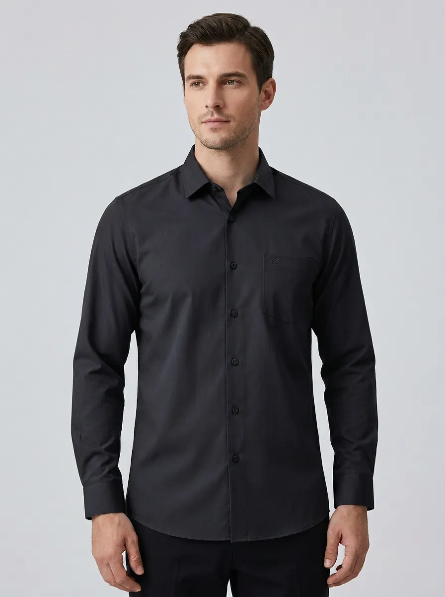 Men's Non-Iron Cotton Blue Solid Pocket Long Sleeve Shirt