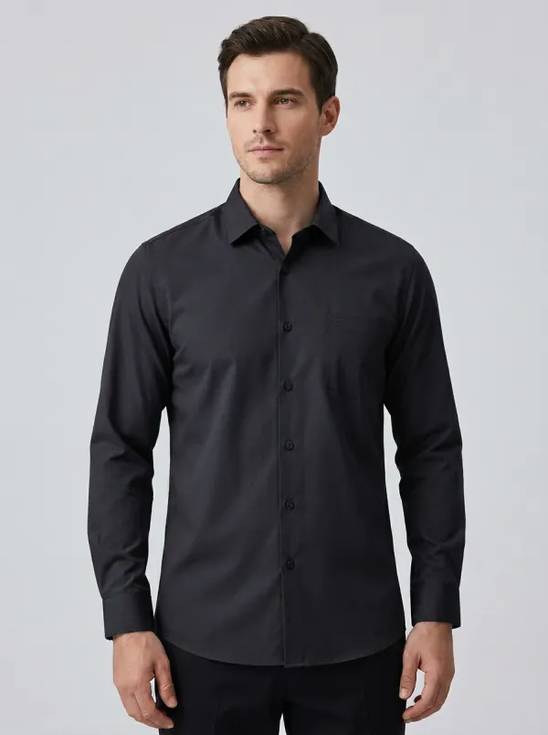 Men's Non-Iron Cotton Blue Solid Pocket Long Sleeve Shirt
