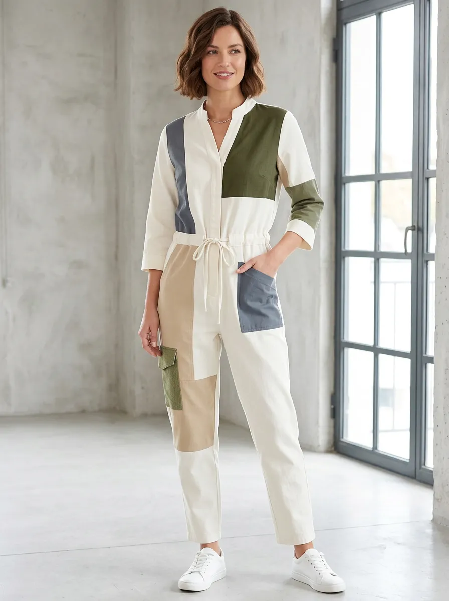 Women's Casual Style Colorblock Patchwork Drawstring Jumpsuit