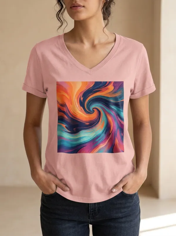 Women's Abstract Art Colorful Swirl Printed V-Neck T-Shirt