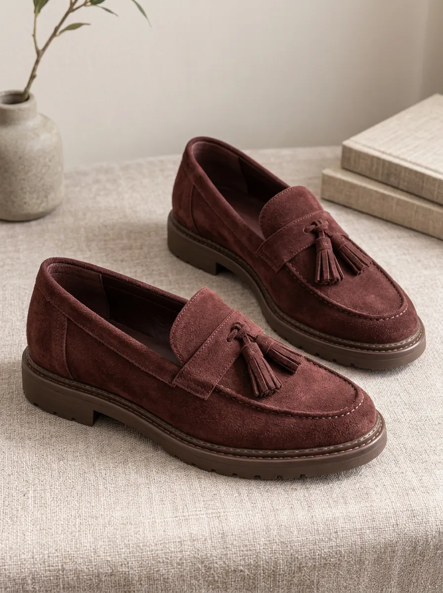 Unisex Burgundy Suede Tassel Loafers