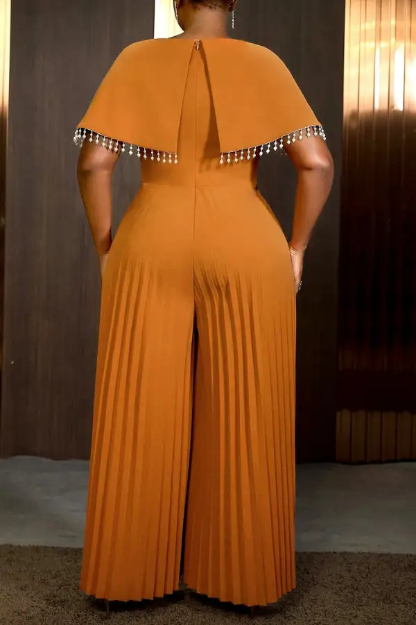 Pleated Wide-Leg Cape Sleeve Jumpsuit