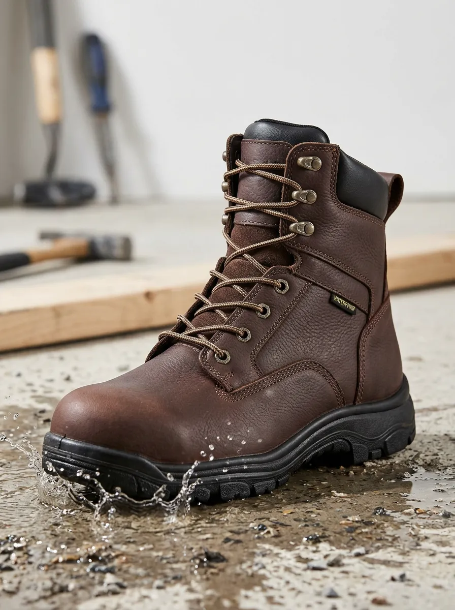 Men's Waterproof Construction Work Boots with Brown Leather Printed Detail