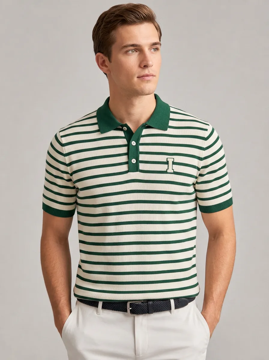 Men's Equestrian Lover Green Striped Letter I Printed Polo Shirt