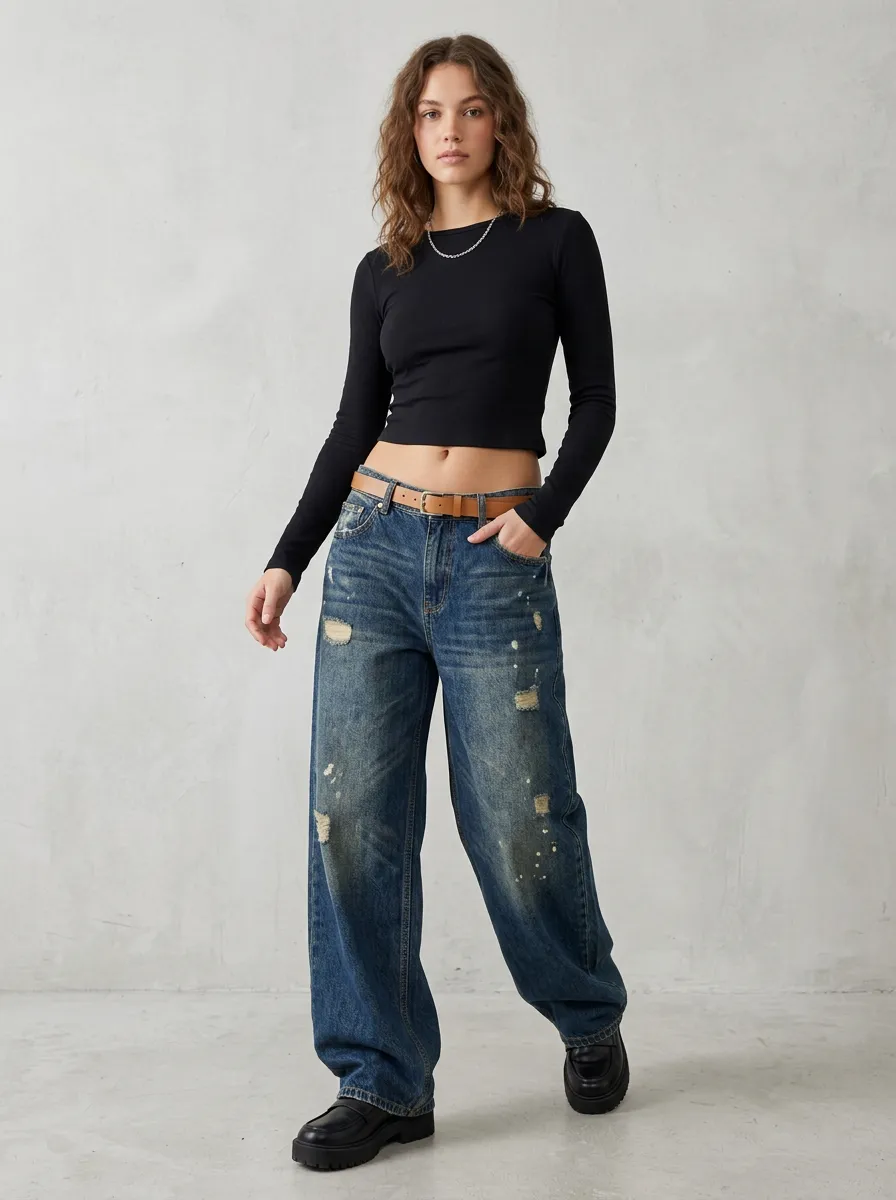 Women's Streetwear Distressed Wide Leg Jeans
